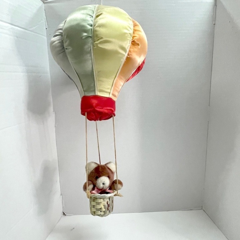 Vtg 80s Russ Berrie Satin Hot Air Balloon Teddy Bear Plush Hanging Mobile Decor